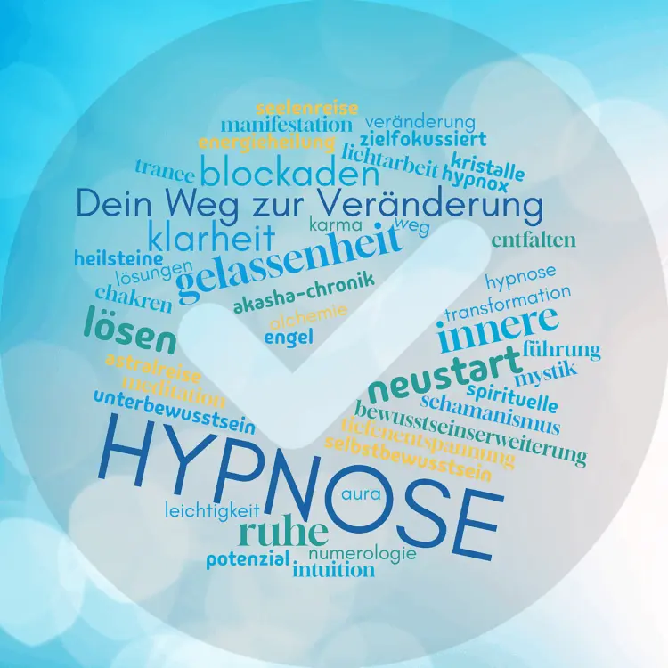 Hypnose-Wortwolke mit Begriffen wie Veränderung, Klarheit und Blockaden lösen